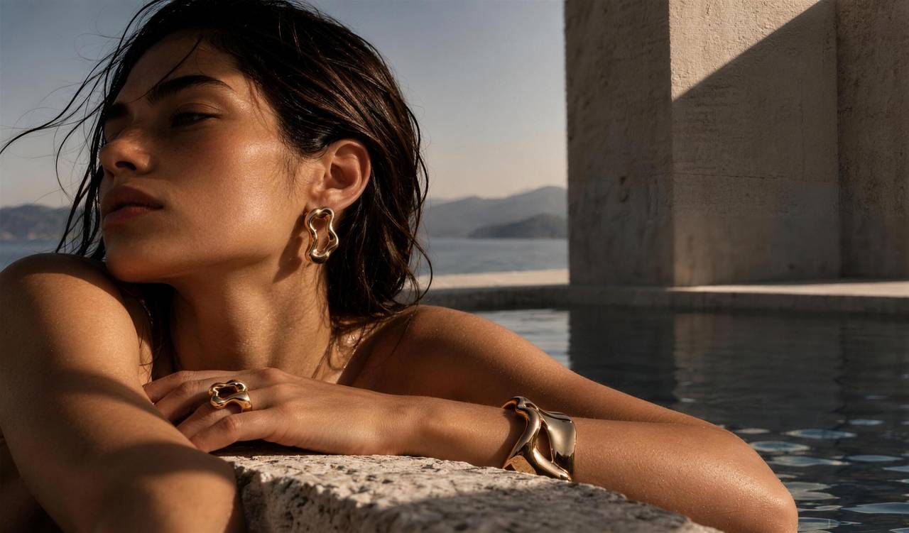 A woman resting her arms on the stone edge of a pool above the sea, wearing a gold ring, an open earring and a gold cuff
