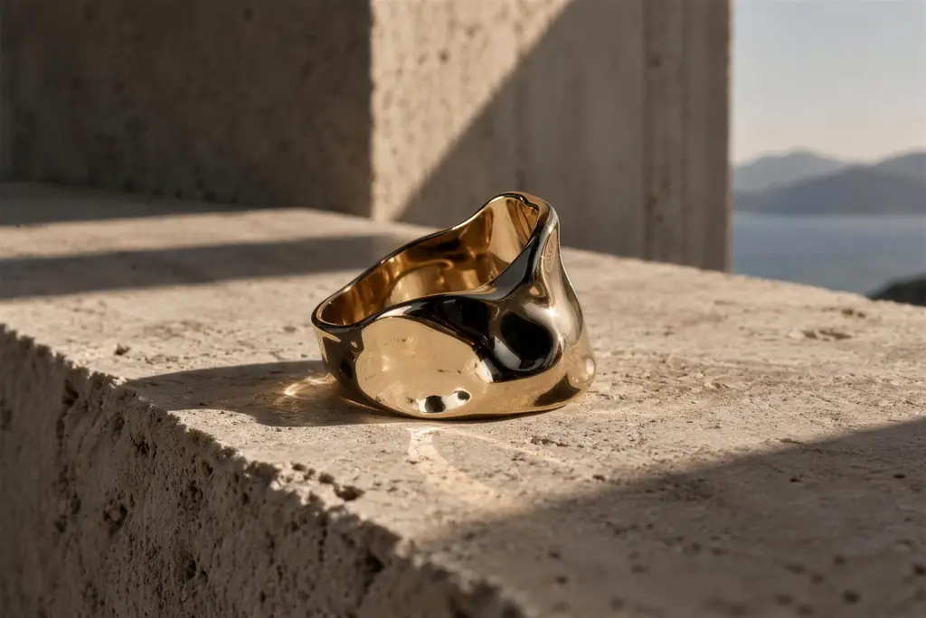 A wide gold ring with a hand-dented surface resting on a block of travertine, the sea behind